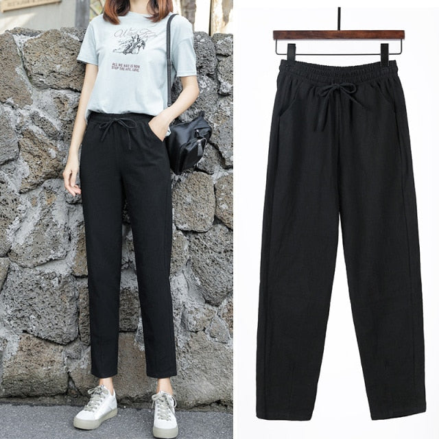 Womens Spring Summer Pants Cotton Linen Solid Elastic waist Candy Colors Harem Trousers Soft high quality for Female ladys S-XXL
