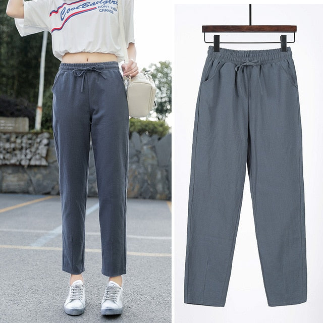 Womens Spring Summer Pants Cotton Linen Solid Elastic waist Candy Colors Harem Trousers Soft high quality for Female ladys S-XXL