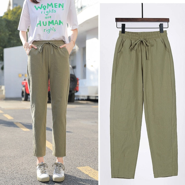Womens Spring Summer Pants Cotton Linen Solid Elastic waist Candy Colors Harem Trousers Soft high quality for Female ladys S-XXL