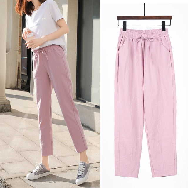 Womens Spring Summer Pants Cotton Linen Solid Elastic waist Candy Colors Harem Trousers Soft high quality for Female ladys S-XXL