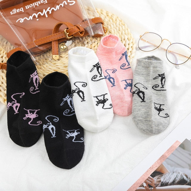 5 Pairs/lot Women Leopard Spring Sesame Street Cute Ankle Socks Cute Funny Lips Print Boat Short Sox Invisible Lady Girl Summer