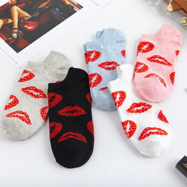 5 Pairs/lot Women Leopard Spring Sesame Street Cute Ankle Socks Cute Funny Lips Print Boat Short Sox Invisible Lady Girl Summer