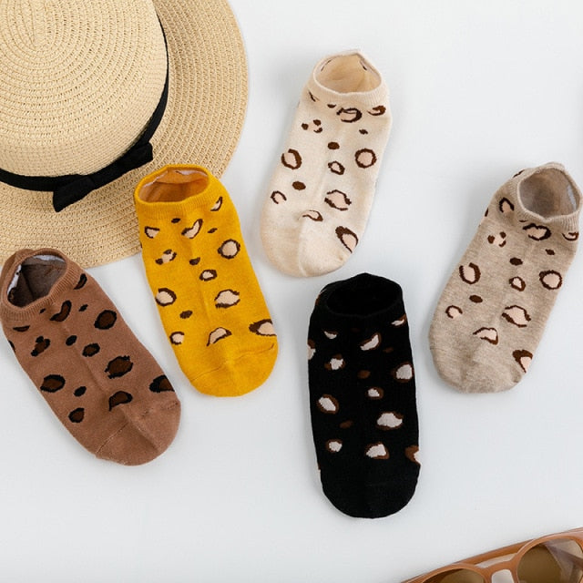 5 Pairs/lot Women Leopard Spring Sesame Street Cute Ankle Socks Cute Funny Lips Print Boat Short Sox Invisible Lady Girl Summer