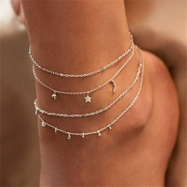 Summer Boho Butterfly Anklet For Women Gold Multilayer Crystal Ankle Bracelet Foot Chain Leg Bracelet Beach Accessories Jewelry