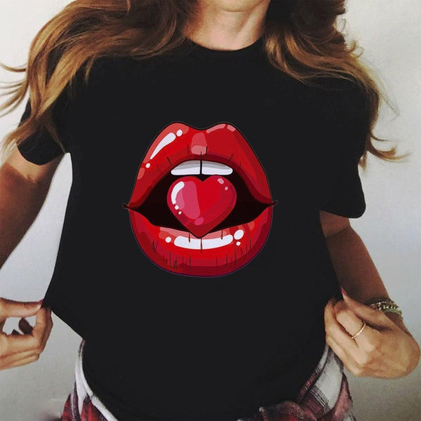 Women Red Mouth Lip Kiss Printed Girl Black Tshirt Summer Funny Leopard Graphic Tee Shirt Femme Vogue Harajuku T Shirt,Drop Ship