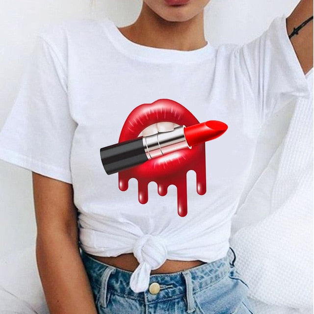 Women Red Mouth Lip Kiss Printed Girl Black Tshirt Summer Funny Leopard Graphic Tee Shirt Femme Vogue Harajuku T Shirt,Drop Ship