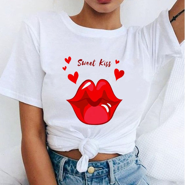 Women Red Mouth Lip Kiss Printed Girl Black Tshirt Summer Funny Leopard Graphic Tee Shirt Femme Vogue Harajuku T Shirt,Drop Ship