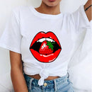 Women Red Mouth Lip Kiss Printed Girl Black Tshirt Summer Funny Leopard Graphic Tee Shirt Femme Vogue Harajuku T Shirt,Drop Ship