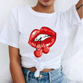 Women Red Mouth Lip Kiss Printed Girl Black Tshirt Summer Funny Leopard Graphic Tee Shirt Femme Vogue Harajuku T Shirt,Drop Ship