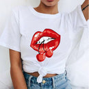 Women Red Mouth Lip Kiss Printed Girl Black Tshirt Summer Funny Leopard Graphic Tee Shirt Femme Vogue Harajuku T Shirt,Drop Ship