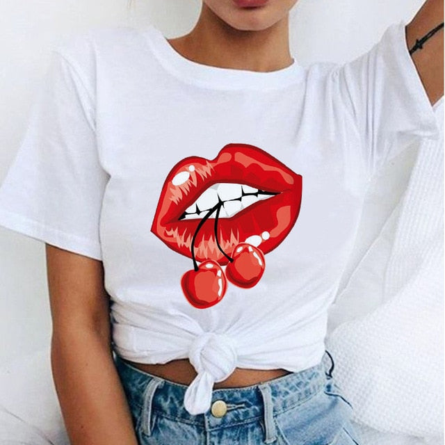 Women Red Mouth Lip Kiss Printed Girl Black Tshirt Summer Funny Leopard Graphic Tee Shirt Femme Vogue Harajuku T Shirt,Drop Ship