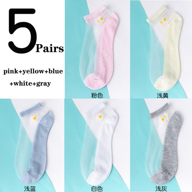 5Pairs/Lot Women Socks for summer Ultra-thin Transparent Cass Glass fiber Silk Socks Fashion daisy Flower Japan Ankle Socks
