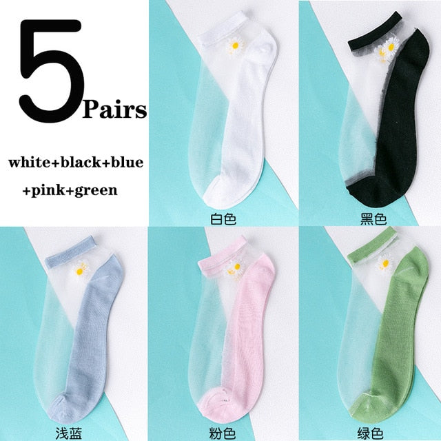 5Pairs/Lot Women Socks for summer Ultra-thin Transparent Cass Glass fiber Silk Socks Fashion daisy Flower Japan Ankle Socks