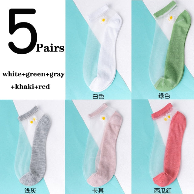 5Pairs/Lot Women Socks for summer Ultra-thin Transparent Cass Glass fiber Silk Socks Fashion daisy Flower Japan Ankle Socks