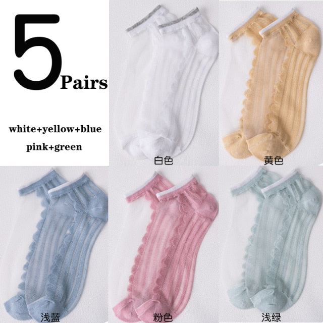5Pairs/Lot Women Socks for summer Ultra-thin Transparent Cass Glass fiber Silk Socks Fashion daisy Flower Japan Ankle Socks