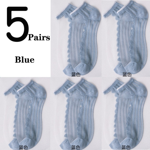 5Pairs/Lot Women Socks for summer Ultra-thin Transparent Cass Glass fiber Silk Socks Fashion daisy Flower Japan Ankle Socks