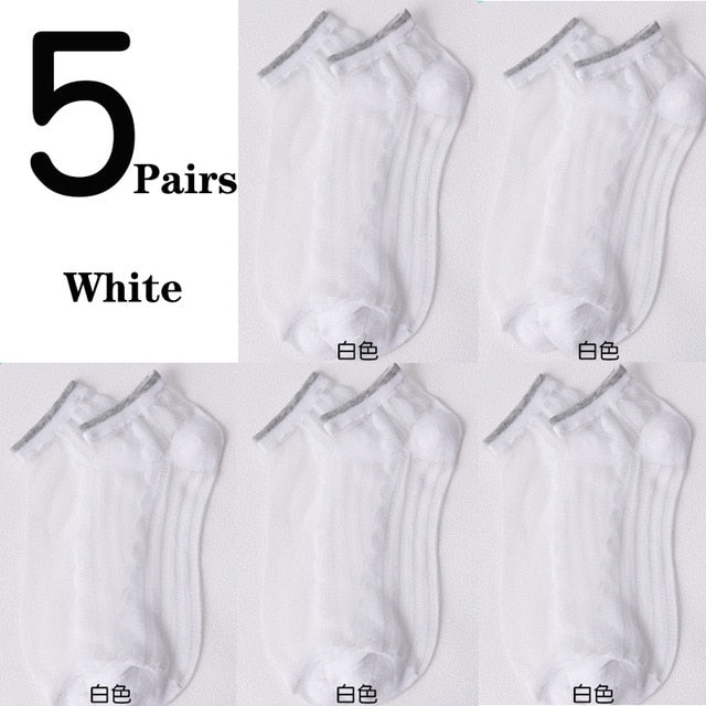 5Pairs/Lot Women Socks for summer Ultra-thin Transparent Cass Glass fiber Silk Socks Fashion daisy Flower Japan Ankle Socks