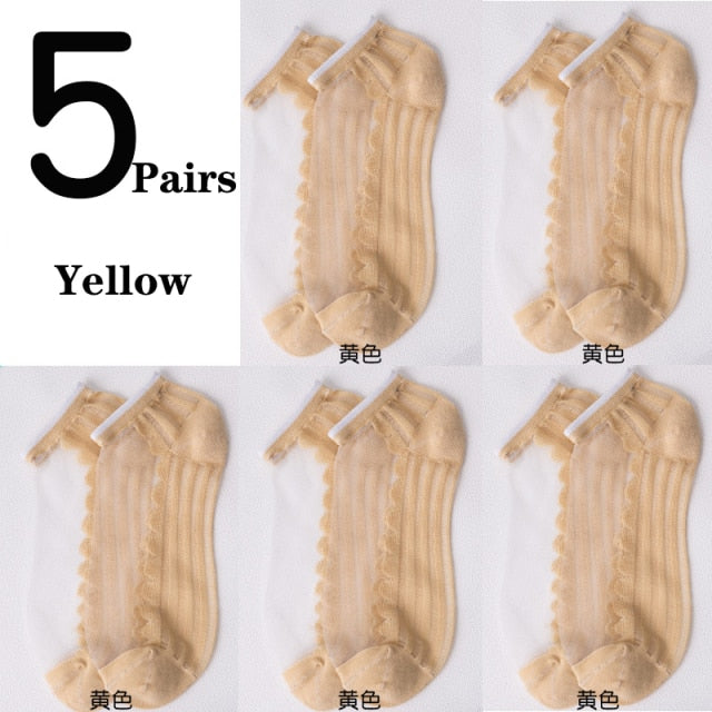 5Pairs/Lot Women Socks for summer Ultra-thin Transparent Cass Glass fiber Silk Socks Fashion daisy Flower Japan Ankle Socks
