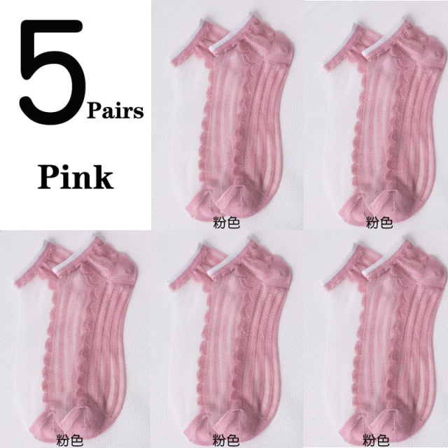 5Pairs/Lot Women Socks for summer Ultra-thin Transparent Cass Glass fiber Silk Socks Fashion daisy Flower Japan Ankle Socks