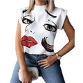 Women Lips Printed T Shirt Ladies Casual Stand Neck Tee Tops Short Sleeve Streetwear Summer Floral Plus Size Pullover T-shirts