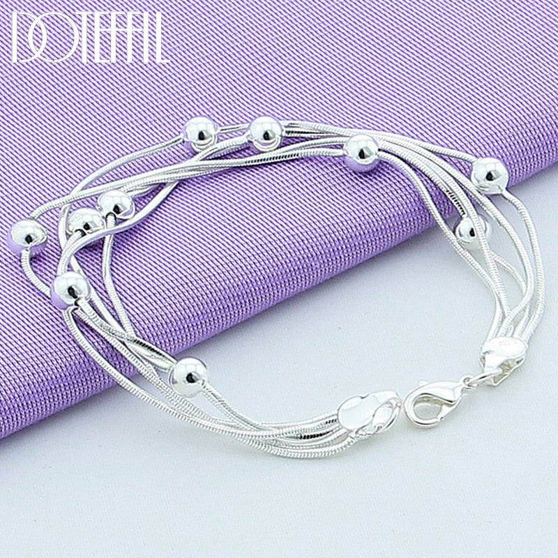 DOTEFFIL 925 Sterling Silver Five Snake Chain Bracelet Smooth Bead Silver Bracelet Fashion Women Wedding Engagement Jewelry