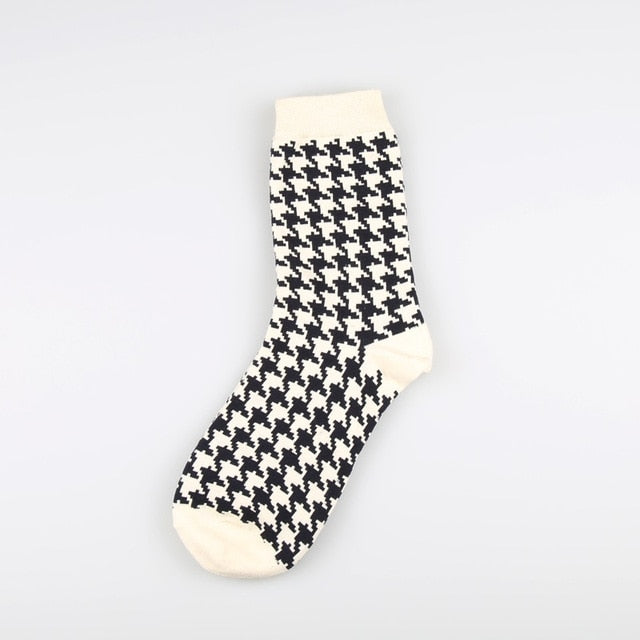 1 Pair Japanese Lattice & Vertical Stripes Harajuku Women/Men Fashion Causal Socks Autumn Winter Classic Black&White Socks