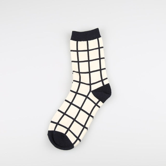 1 Pair Japanese Lattice & Vertical Stripes Harajuku Women/Men Fashion Causal Socks Autumn Winter Classic Black&White Socks