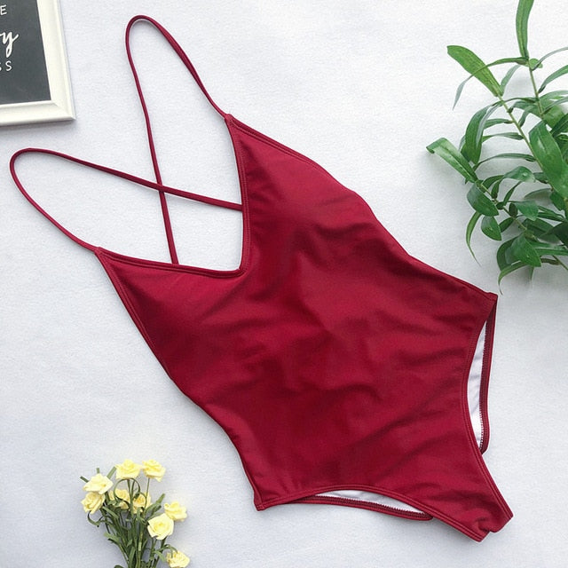 SAY MORNING Sexy Deep V Neck One Piece Swimsuit Removable Chest Pad Biquini Solid Backless Beachwear Swimwear Bathing Swimming