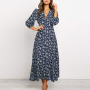 Women Chiffon Long Dress Floral Print Lantern Sleeve A-line Maxi Vestidos Autumn New Elegant Vintage V Neck Winter Dresses