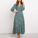 Women Chiffon Long Dress Floral Print Lantern Sleeve A-line Maxi Vestidos Autumn New Elegant Vintage V Neck Winter Dresses