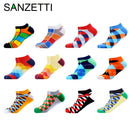 SANZETTI 6-12 Pairs/Lot Men's Ankle Socks Casual Novelty Colorful Summer Happy Combed Cotton Short Socks Plaid Dress Boat Socks