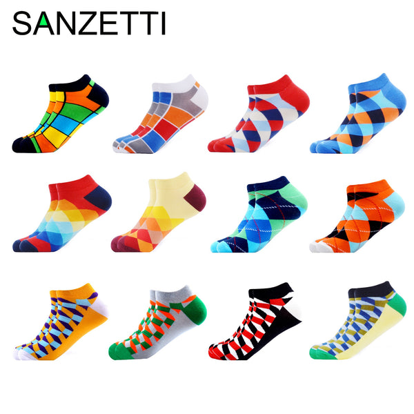SANZETTI 6-12 Pairs/Lot Men's Ankle Socks Casual Novelty Colorful Summer Happy Combed Cotton Short Socks Plaid Dress Boat Socks