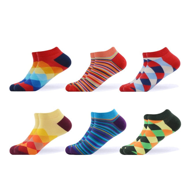SANZETTI 6-12 Pairs/Lot Men's Ankle Socks Casual Novelty Colorful Summer Happy Combed Cotton Short Socks Plaid Dress Boat Socks