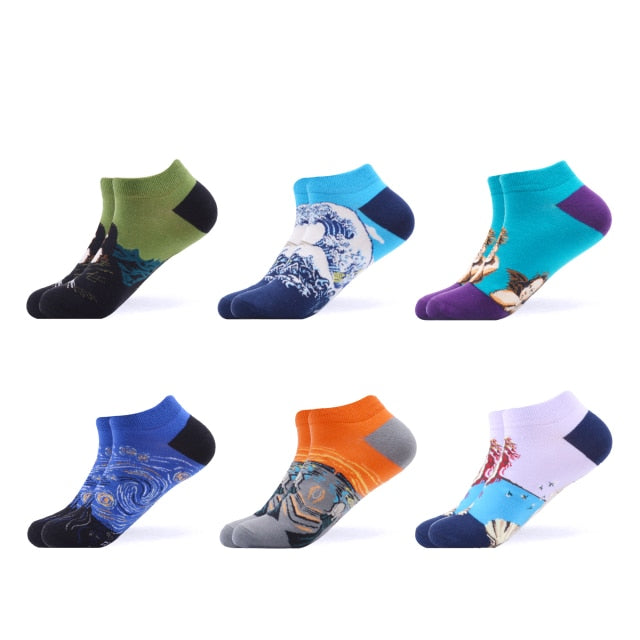 SANZETTI 6-12 Pairs/Lot Men's Ankle Socks Casual Novelty Colorful Summer Happy Combed Cotton Short Socks Plaid Dress Boat Socks