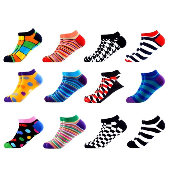 SANZETTI 6-12 Pairs/Lot Men's Ankle Socks Casual Novelty Colorful Summer Happy Combed Cotton Short Socks Plaid Dress Boat Socks