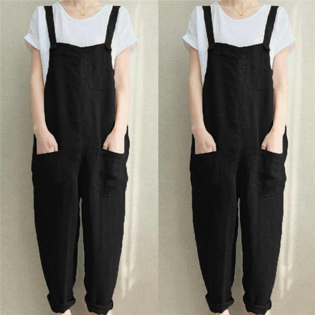 4XL Womens Sleeveless Dungarees Rompers Cotton Linen Jumpsuit Loose Preppy Style Pants Casual Pocket Overalls Playsuits