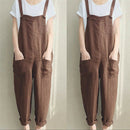 4XL Womens Sleeveless Dungarees Rompers Cotton Linen Jumpsuit Loose Preppy Style Pants Casual Pocket Overalls Playsuits