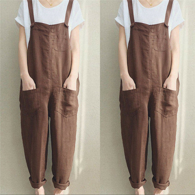 4XL Womens Sleeveless Dungarees Rompers Cotton Linen Jumpsuit Loose Preppy Style Pants Casual Pocket Overalls Playsuits