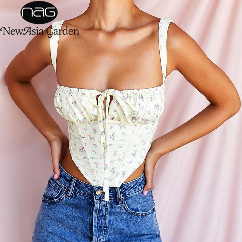 NewAsia Floral Corset Women Sweet Print Hollow Up Tie Up Sexy Crop Top Summer Sleeveless Ruched Boning Bustier Casual Tank Top