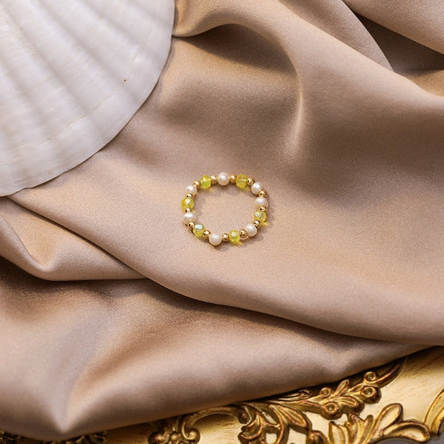 AOMU 2020 Fashion Crystal Beaded Rings Cute Minimalist Coloful Beads Geometric Stacked Fine Rings for Women Party Gift Jewelry