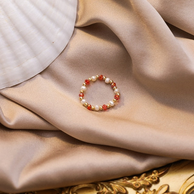 AOMU 2020 Fashion Crystal Beaded Rings Cute Minimalist Coloful Beads Geometric Stacked Fine Rings for Women Party Gift Jewelry