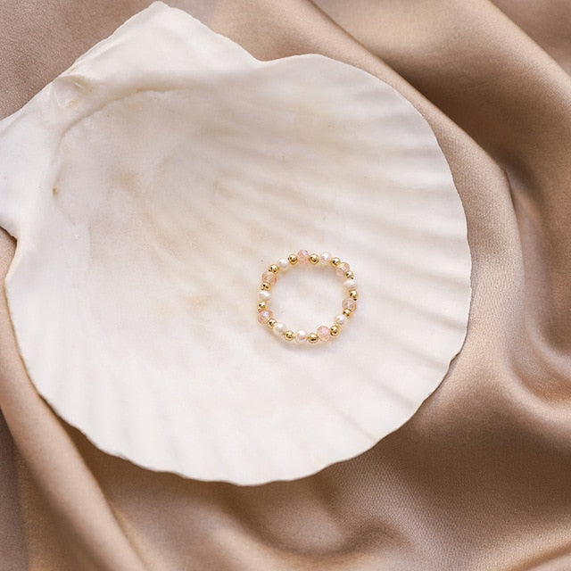 AOMU 2020 Fashion Crystal Beaded Rings Cute Minimalist Coloful Beads Geometric Stacked Fine Rings for Women Party Gift Jewelry