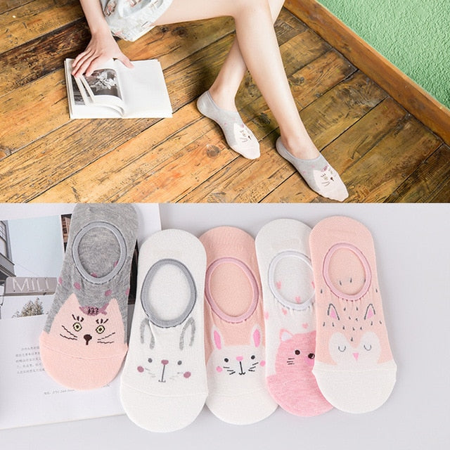 5 Pairs Lot Cotton Women Socks Female Casual Boat 3D Pack Cartoon Harajuku Unicron Cat Cute Invisiable Funny Girl Ankle Sock Set