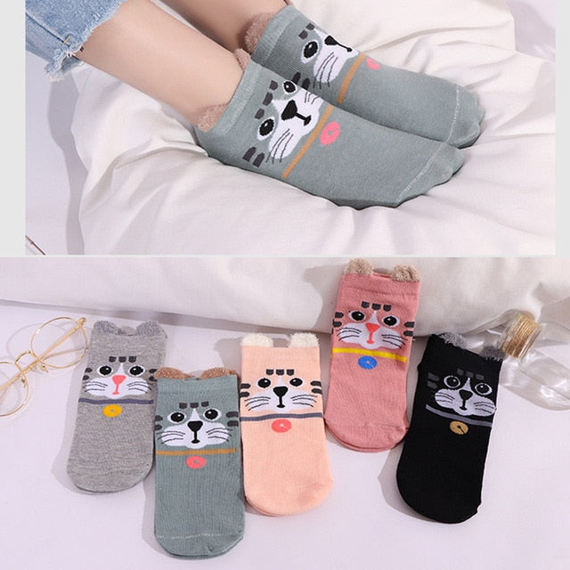 5 Pairs Lot Cotton Women Socks Female Casual Boat 3D Pack Cartoon Harajuku Unicron Cat Cute Invisiable Funny Girl Ankle Sock Set