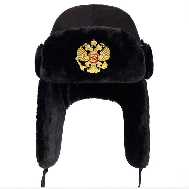 Soviet Army Military Badge Russia Ushanka Bomber Hats Pilot Trapper Aviator Cap Winter Faux Rabbit Fur Earflap Snow Caps hat