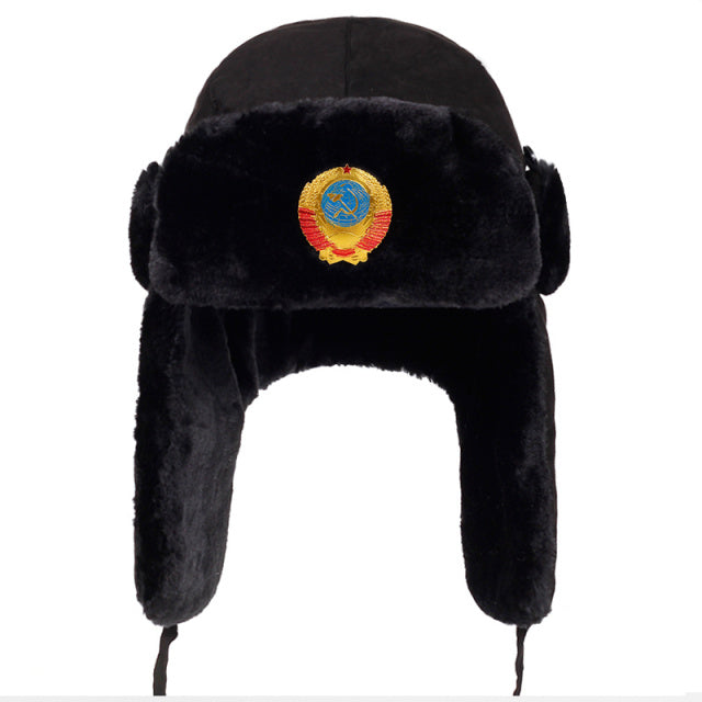 Soviet Army Military Badge Russia Ushanka Bomber Hats Pilot Trapper Aviator Cap Winter Faux Rabbit Fur Earflap Snow Caps hat