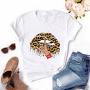 Women Red Mouth Lip Kiss Printed Girl Black Tshirt Summer Funny Leopard Graphic Tee Shirt Femme Vogue Harajuku T Shirt,Drop Ship