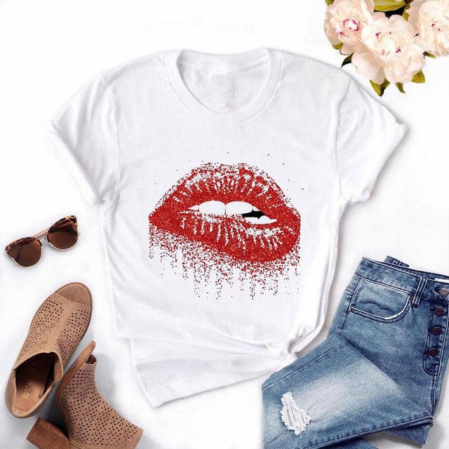 Women Red Mouth Lip Kiss Printed Girl Black Tshirt Summer Funny Leopard Graphic Tee Shirt Femme Vogue Harajuku T Shirt,Drop Ship