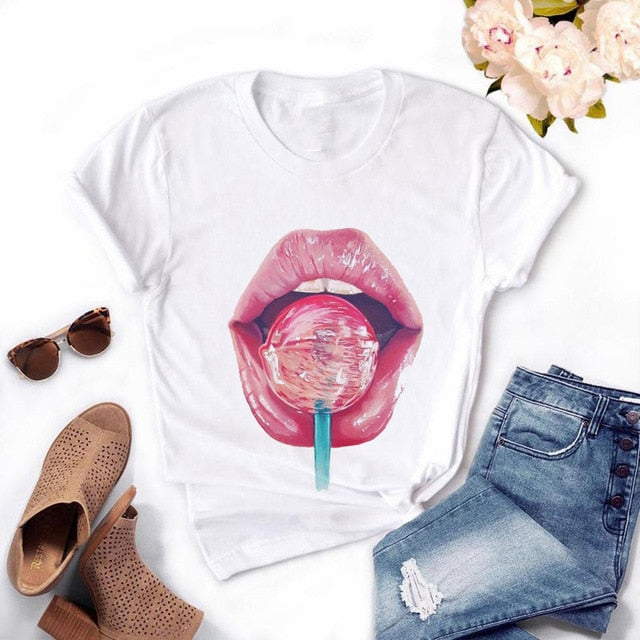 Women Red Mouth Lip Kiss Printed Girl Black Tshirt Summer Funny Leopard Graphic Tee Shirt Femme Vogue Harajuku T Shirt,Drop Ship