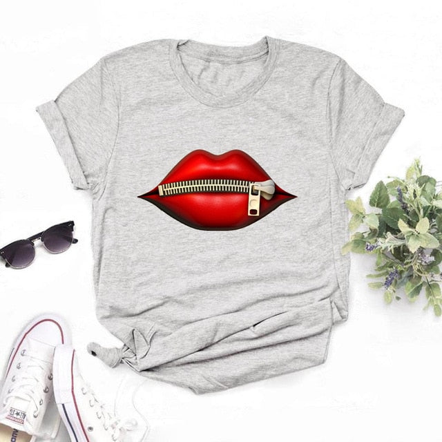 Women Red Mouth Lip Kiss Printed Girl Black Tshirt Summer Funny Leopard Graphic Tee Shirt Femme Vogue Harajuku T Shirt,Drop Ship